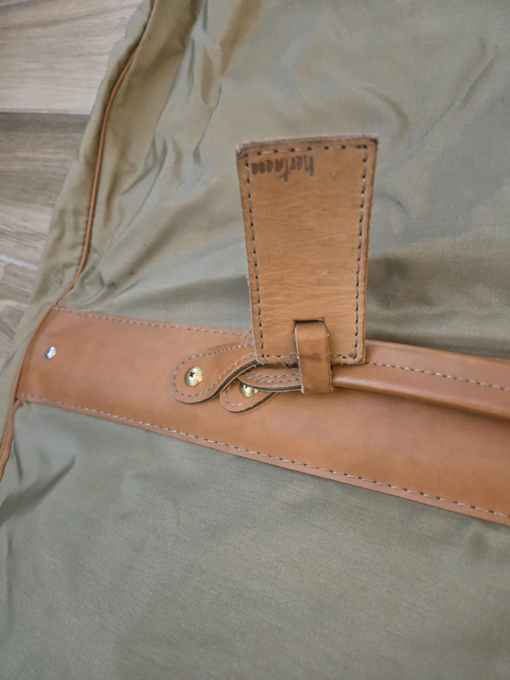 Men's Olive Green Canvas Garment Bag with Tan Leather Trim